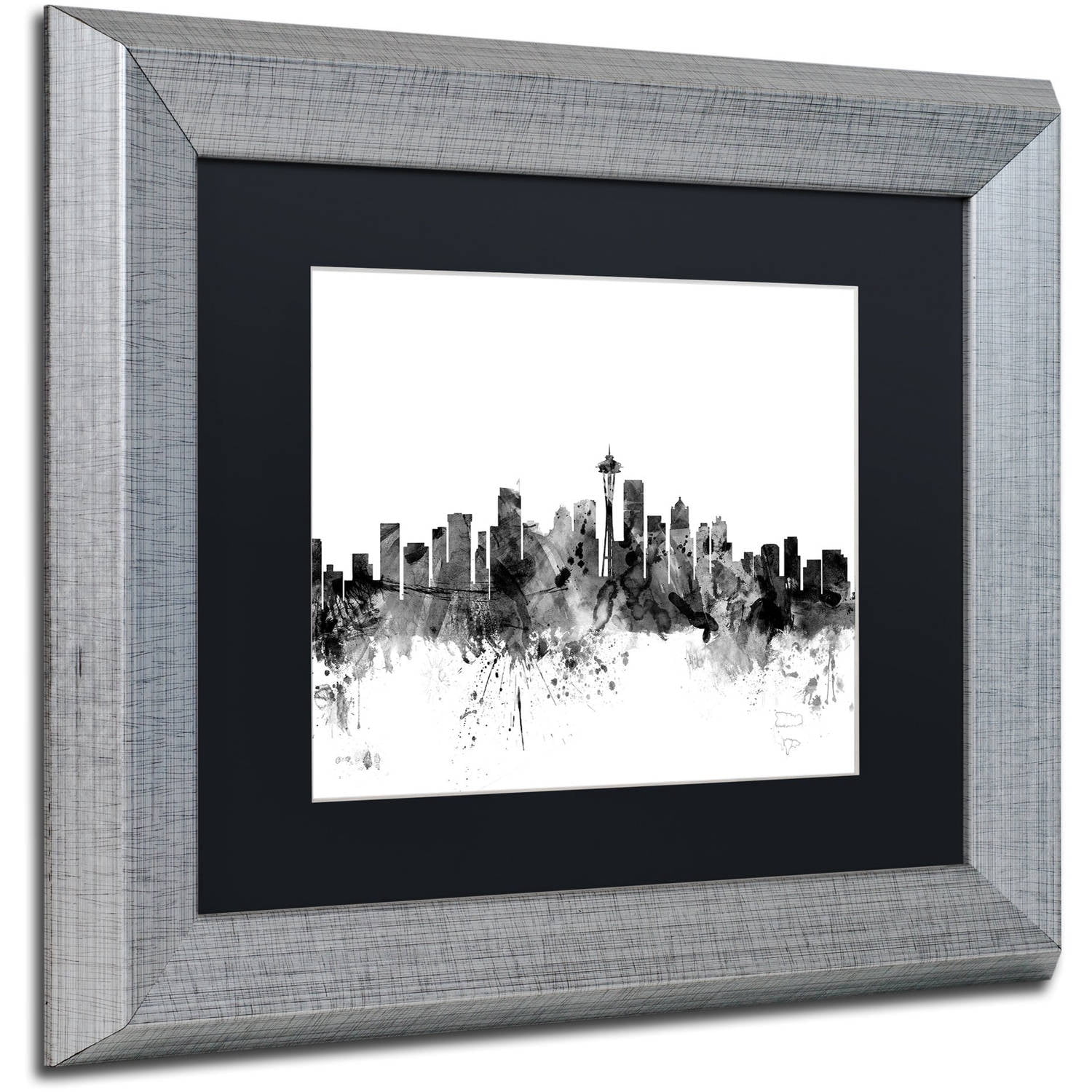 Trademark Fine Art "Seattle Washington Skyline B&W" Canvas Art by Michael Tompsett, Black Matte, Silver Frame