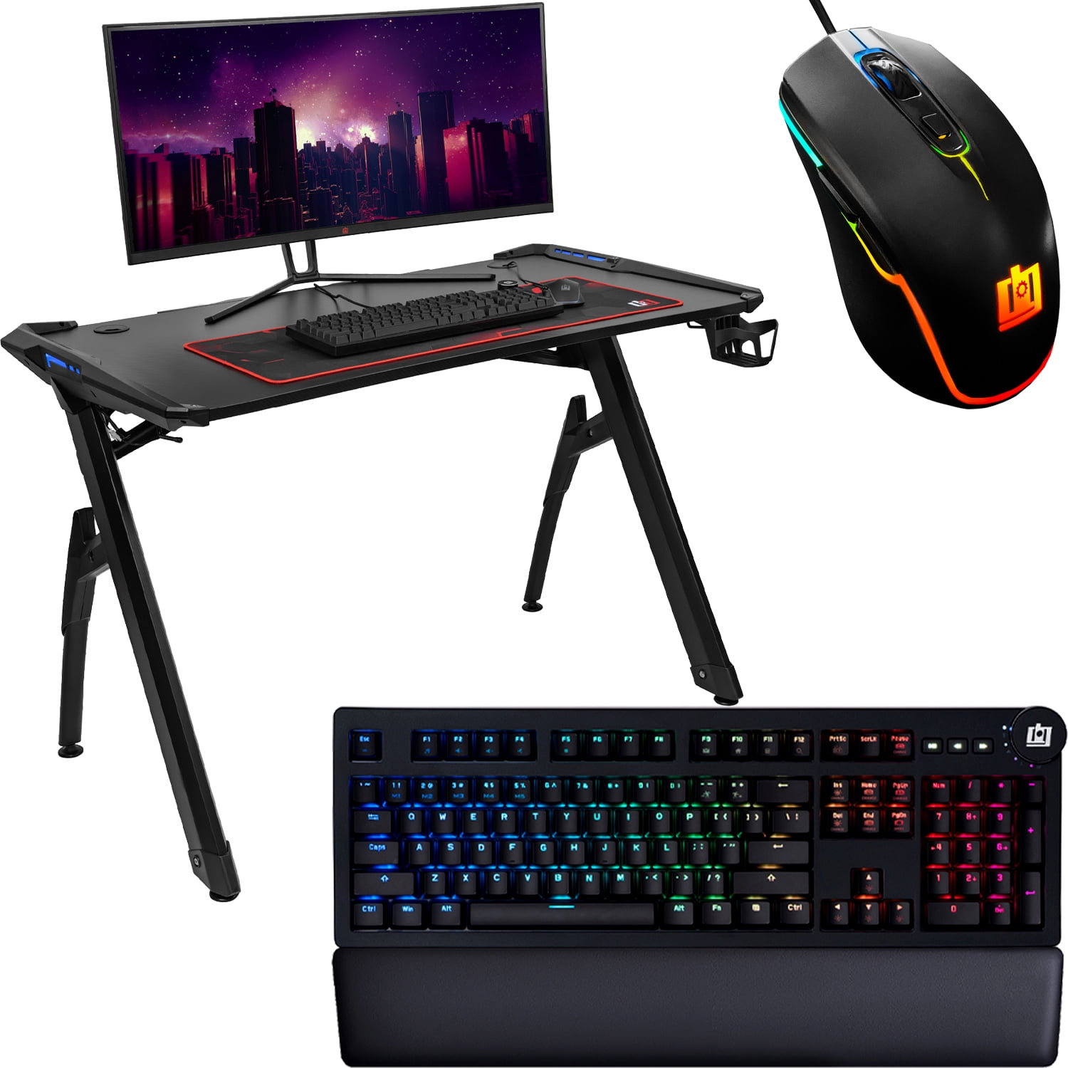 Deco Gear PC Gaming Starter Pack, Includes LED Gaming Desk, Gaming Chair,  Mid-Tower Tempered Glass PC Case, Cherry Red Mechanical Keyboard, Streaming