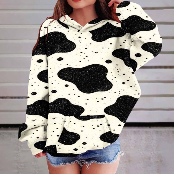 PiGOGI Children Cow Pattern Hooded Pullover Long Sleeve Sweatshirt Cute Animal Print Hoodie with Pocket for Girls Boys Multicolor 13-14 Years