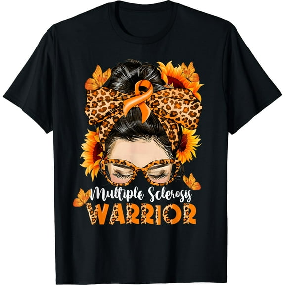 MS Multiple Sclerosis Warrior Awareness Orange Messy Bun T-Shirt