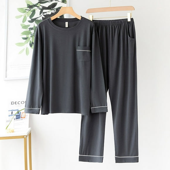 cllios Ensemble de Pyjama pour Homme, Haut à Manches Longues à Col Ras du Cou à Enfiler et Pantalon Long, Ensemble de Pyjamas 2 Pcs, Tenue de Détente Ultra Douce, Vêtement de Nuit avec Poches, Grande Taille et Taille Forte