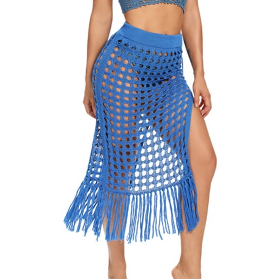 Crochet Swimsuit Coverup for Women Long Sleeve Women's High Waist Crochet Midi Skirt Mesh Hole with Tassel Side Split Beach Cover Up for Vacation Travel Wear Blue XL