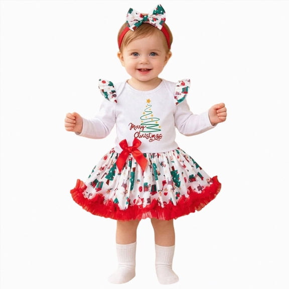 KPOPLK Baby Girl My First Christmas Outfit Set Long Sleeve Romper Print Tutu Skirt Headband 3 Piece Holiday Clothes for Infant,Size 3-6 Months