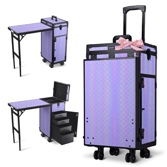 Byootique Aluminum Rolling Makeup Train Case with Table Salon Charm Cosmetic Organizer, ForgetMeNo Purple
