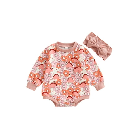 

jaweiwi Baby Girls Autumn Casual Romper Pink Long Sleeve Dinosaur Print Jumpsuit with Bowknot Headband