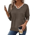 thumbnail image 3 of Chandails pour Femmes Décontractés à Col en V à Manches Longues Chandails Amples Unis Hauts d'Automne Chandail à Enfiler Café TG, 3 of 7