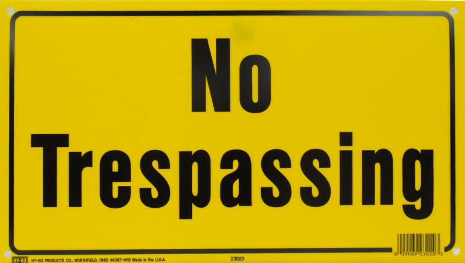 HY-KO 8 x 14 inch Plastic No Trespassing Sign, Bright Yellow, 1 Each