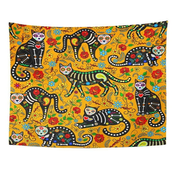 ZEALGNED Pattern Calavera Sugar Skull Black Cats in for Holiday The Dia De Muertos Dead Wall Art Hanging Tapestry Home Decor for Living Room Bedroom Dorm 60x80 inch