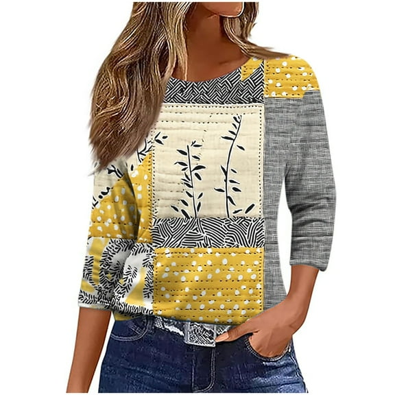 MaFYtyTPR 3/4 Sleeve Shirts for Women Fashion Printed T-shirt Round Neck Leisure Loose Comfy Tops