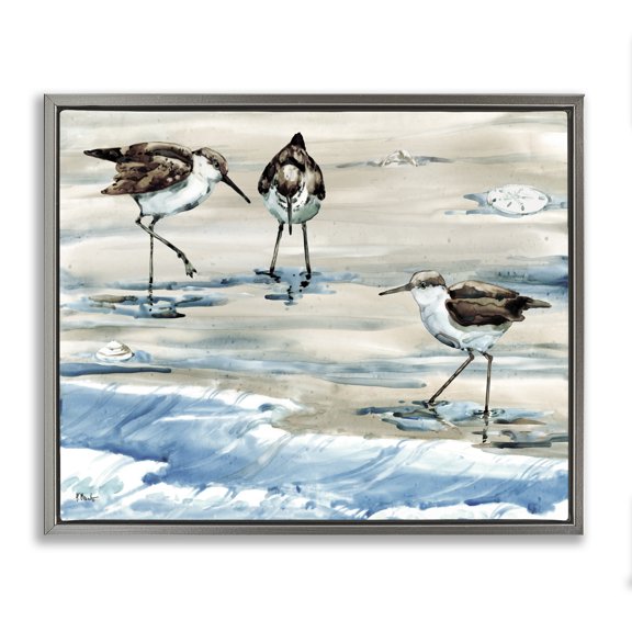 Stupell Industries Rustic Lodge Rockhampton Sandpipers Ocean Waves Gray Floating Frame Canvas Art, 21 x 17, by Paul Brent