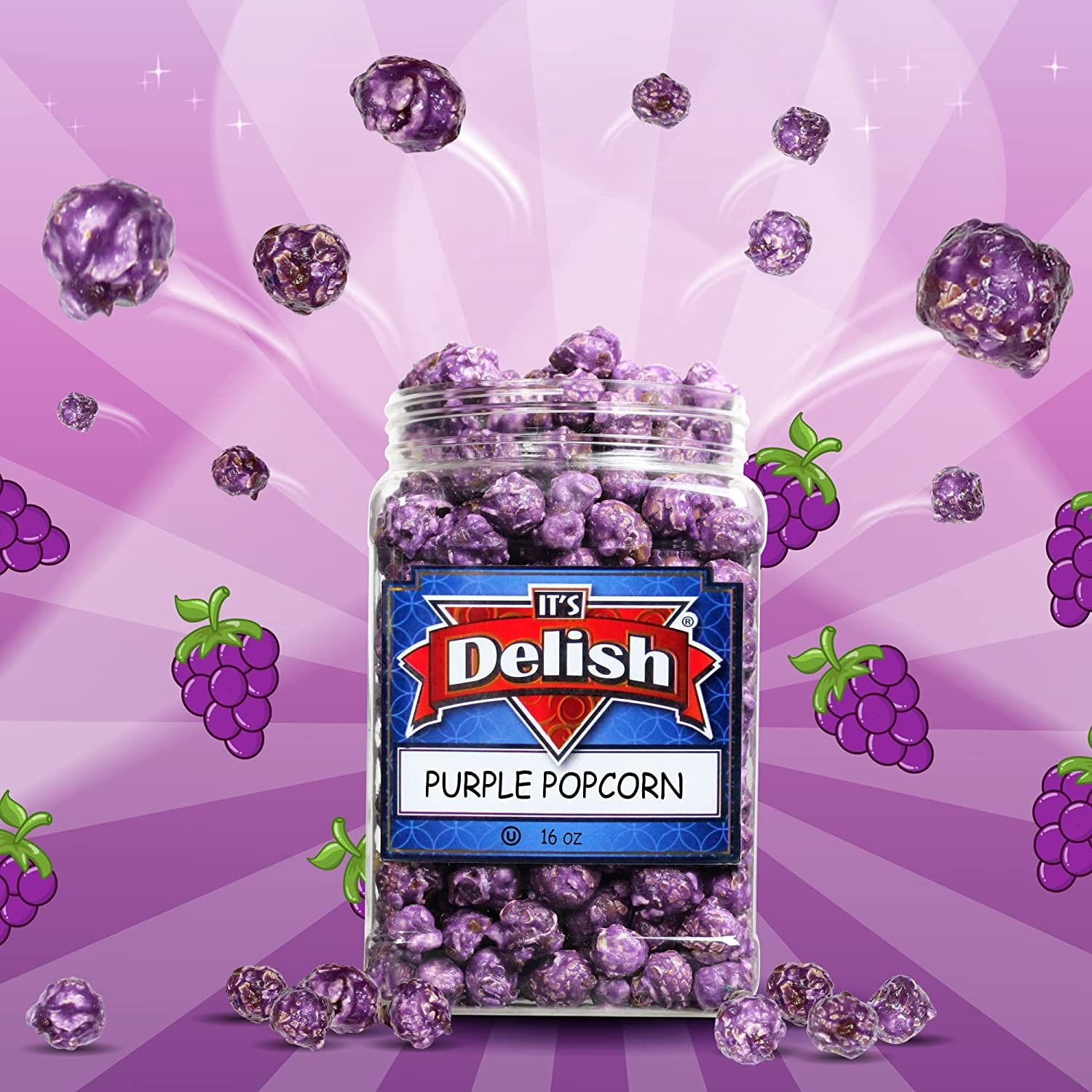 Gourmet Purple Grape Flavored Popcorn by It's Delish, 16 Oz Jumbo Container  Bulk Air Popped Pop Corn Snack - Fruity Purple Themed Candy Confetti  Birthday Party, Events  Gluten Free, Vegan, Kosher