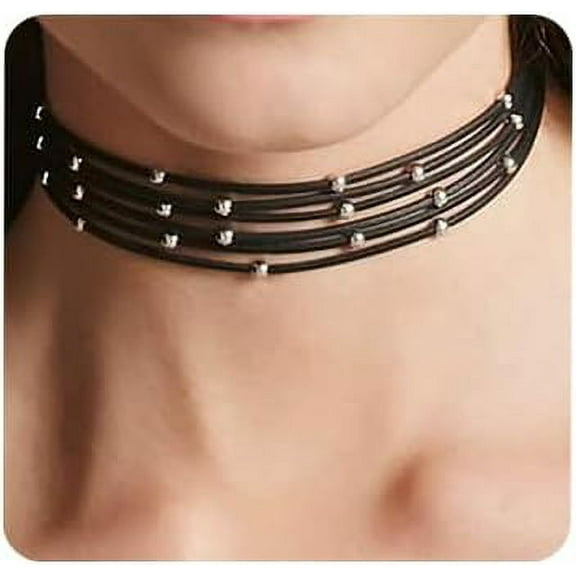Bohemia Layered Choker Necklace Black Leather Choker with Silver Beads Multilayer Collar Necklace for Women
