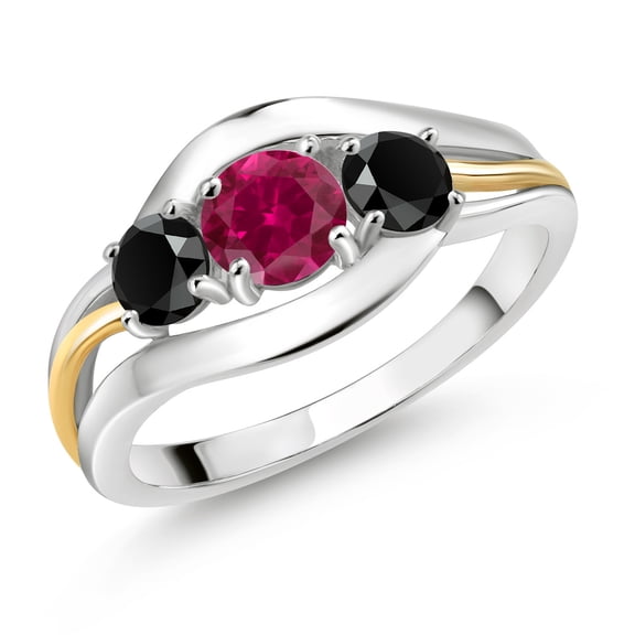 Gem Stone King 925 Sterling Silver and 10K Yellow Gold Round Red Created Ruby and Black Onyx 3 Stone Ring for Women (1.04 Cttw, Size 7)