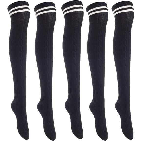 Lian LifeStyle Exquisite Big Girl's Women's 5 Pairs Thigh High Cotton Socks. Female Socks in Vibrant Colors Size 6-9 L1023Black