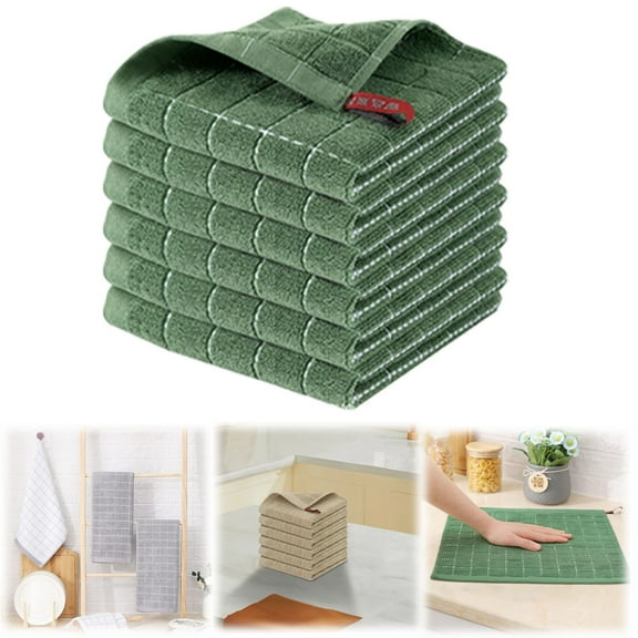 100% Cotton Terry Kitchen Towels(Green, 12 x 12 inches), Checkered Designed, Soft and Super Absorbent Dish Towels, 1 Pack