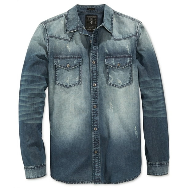 GUESS Western Denim Button Up Camisa para Hombre Azul Mediano Guess Botones al frente Walmart en linea
