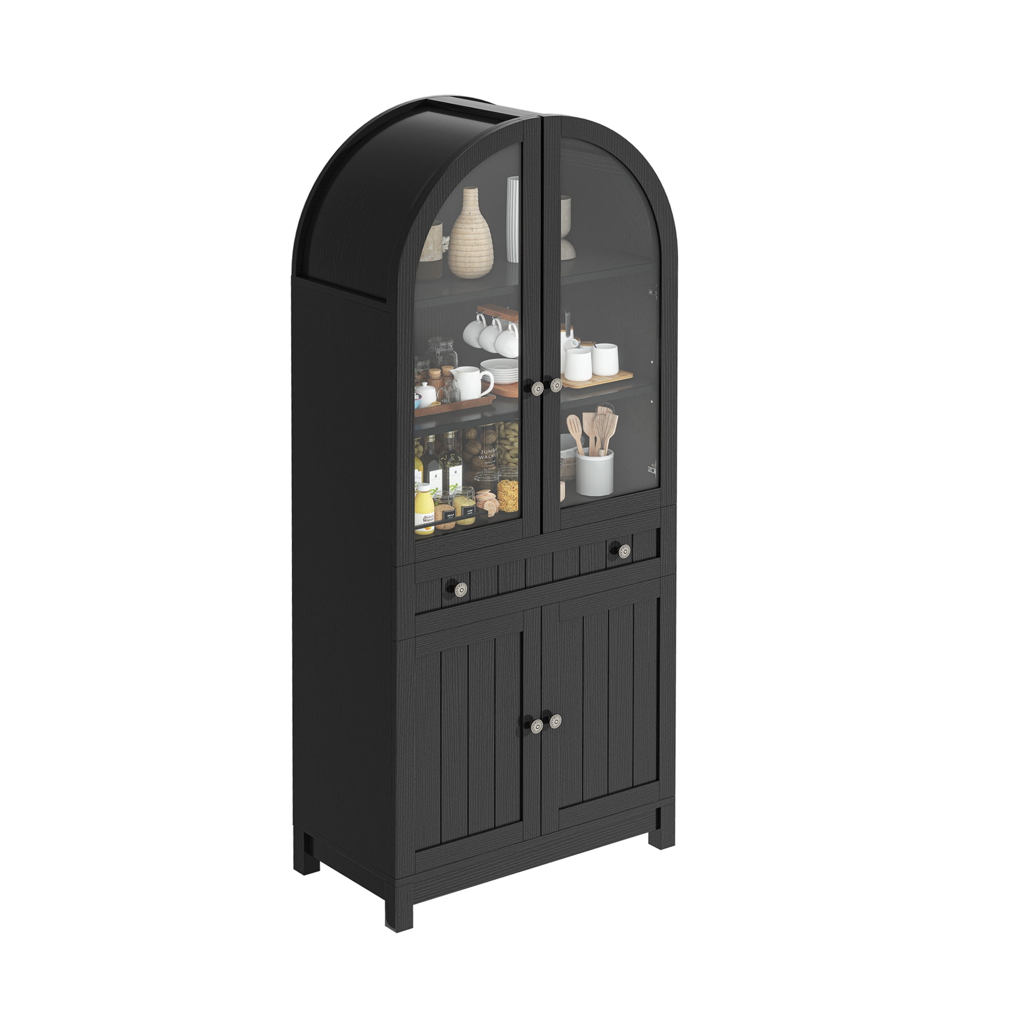 DEXTRUS 71" Tall Kitchen Pantry with Door & Drawer, Arched Kitchen Pantry Storage Cabinet, Black
