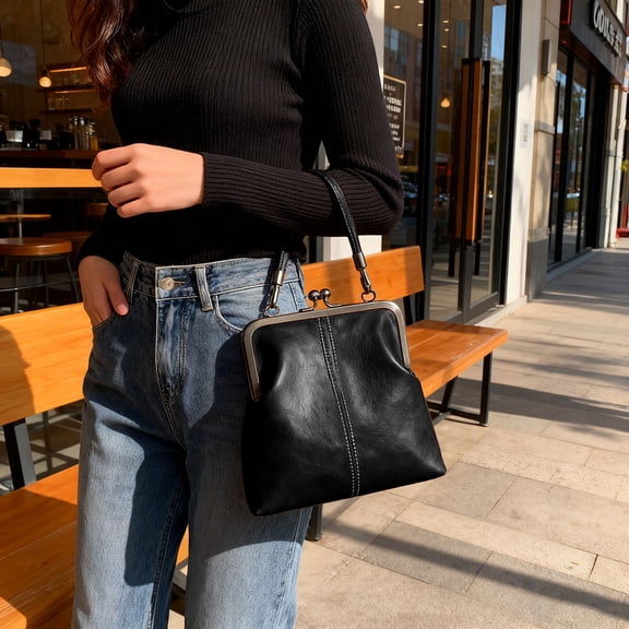Women's Kiss Lock Crossbody Bag PU Leather Kiss Clasp Purse for Cash Change Make Up Women's Shoulder Bags