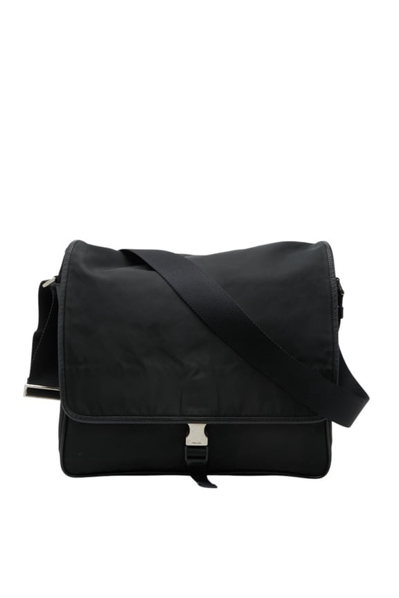 Pre-Owned Prada Triangle Logo Plate Crossbody Shoulder Bag Messenger Black Nylon Leather...