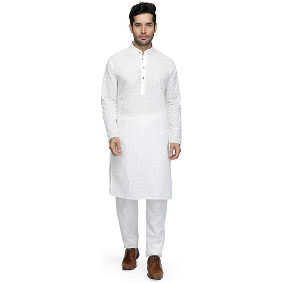 Royal Kurta Mens Cotton Lucknowi Chikan Kurta Churidaar (42, Beige)