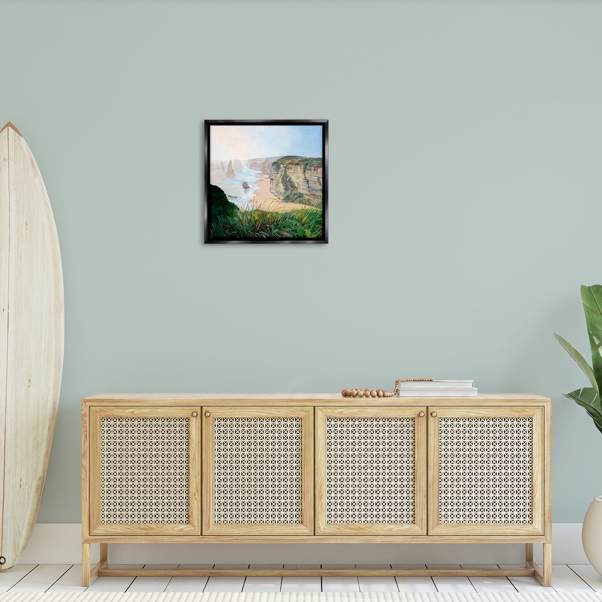 Stupell Industries Nautical Beach Cove Landscape Painting Black Floater Framed Canvas Art Print Wall Art, 25 x 25