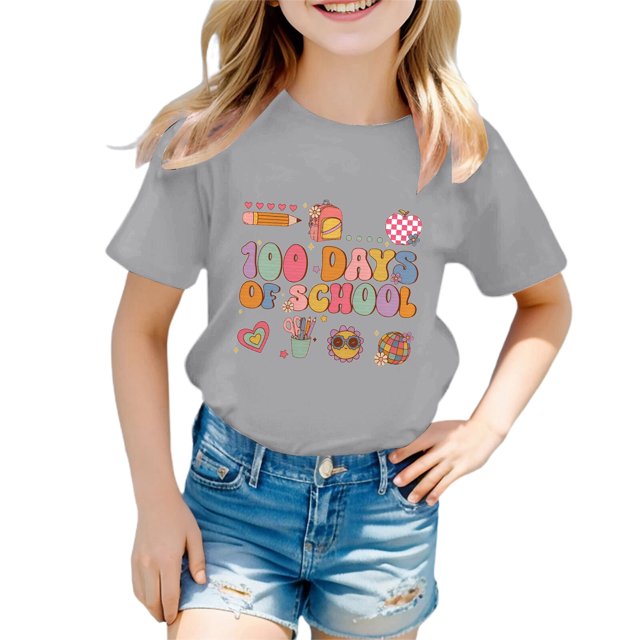MEZZALL T-Shirts pour Enfants Garçons Filles Saison Scolaire Col Rond Manches Courtes T-Shirt d'Été Décontracté Mignon, 6-7 Ans