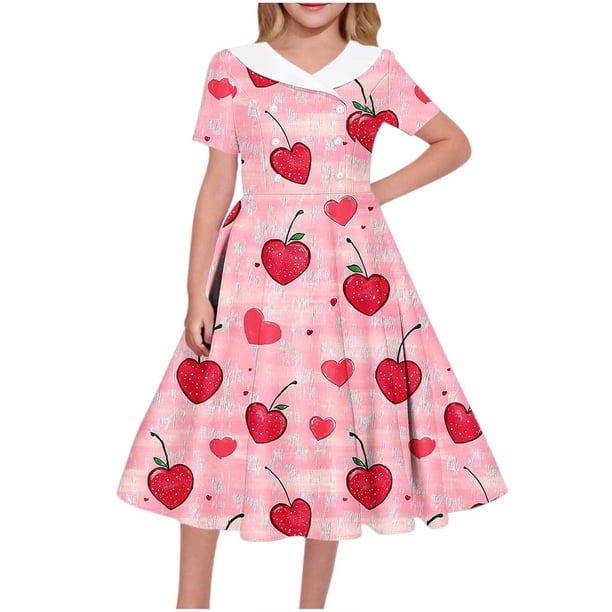 Vestido de manga corta con cuello en V para niña, estampado de manga corta, falda con cuello doblado y cintura mediana y grande, de poliéster.