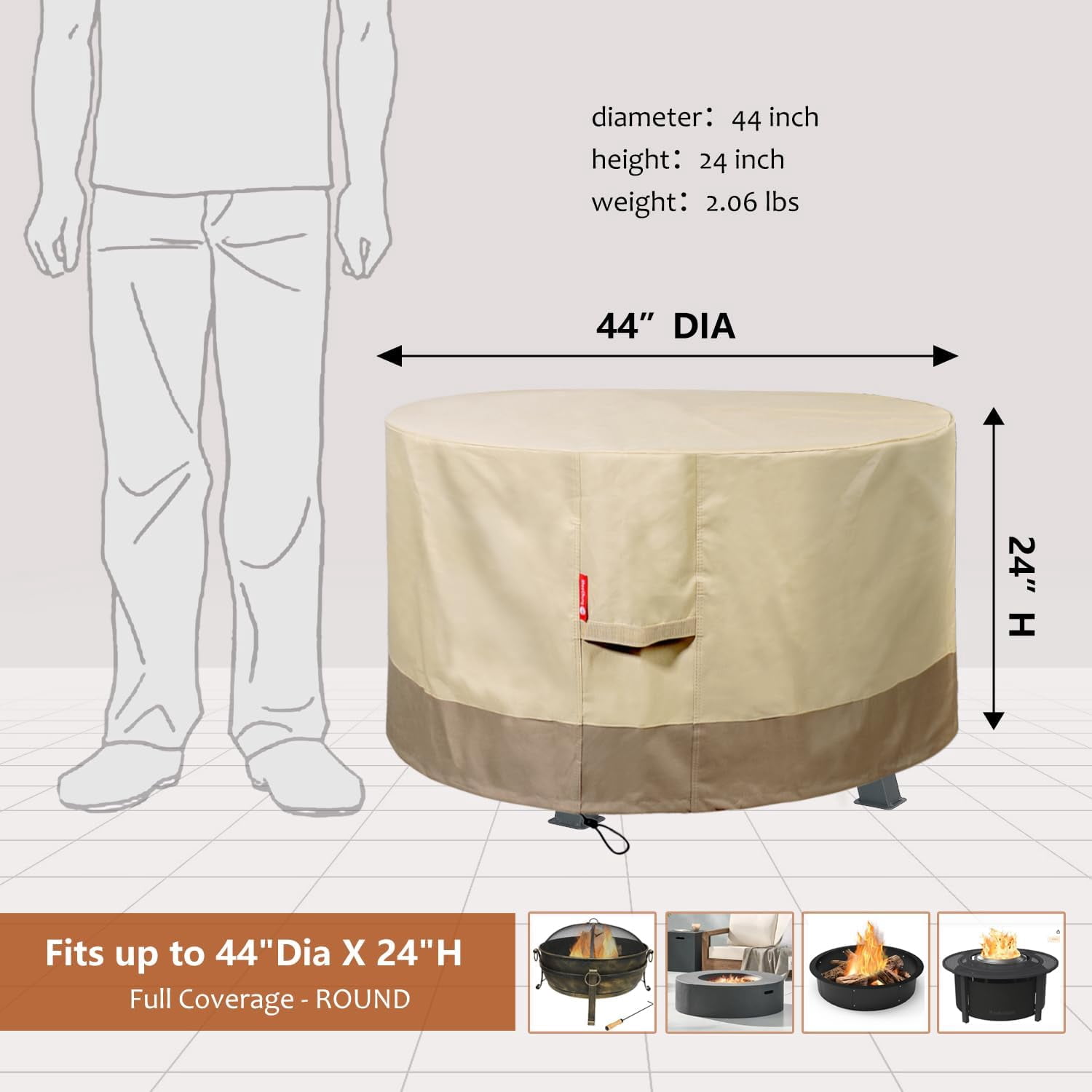 Fire Pit Cover Round 44" D x 24" H Waterproof 600D Heavy Duty Patio Gas Fire Pit Cover,Large Shelter Fits 40-44 Inch Outdoor Firepit Table Beige