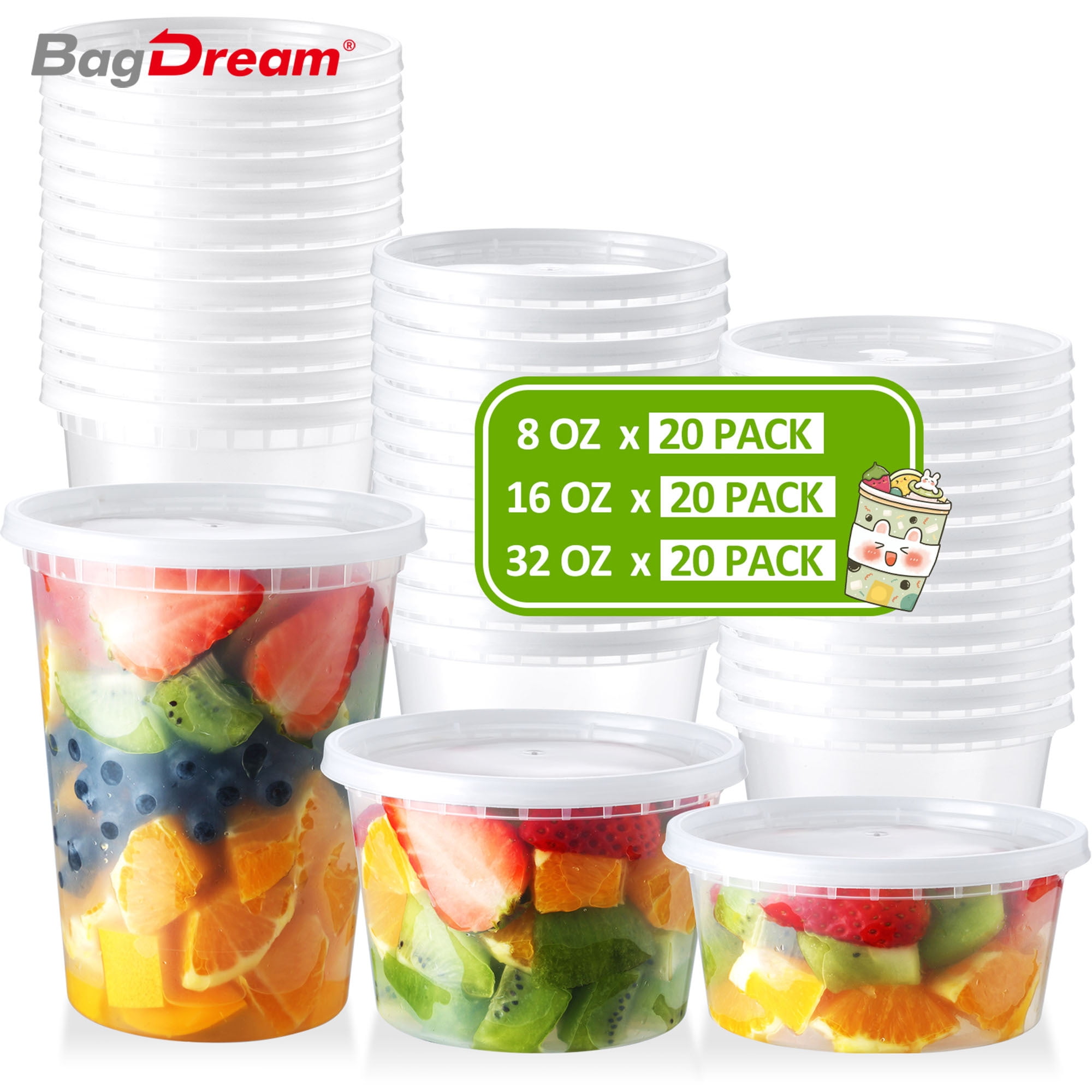 BagDream 60 Combo Pack 8, 16, 32oz Food Storage Containers with Airtight Lids, Plastic Deli Food Containers Freezer Storage Containers