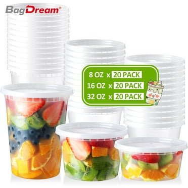 BagDream 60 Combo Pack 8, 16, 32oz Food Storage Containers with Airtight Lids, Plastic Deli Containers Freezer Storage Containers