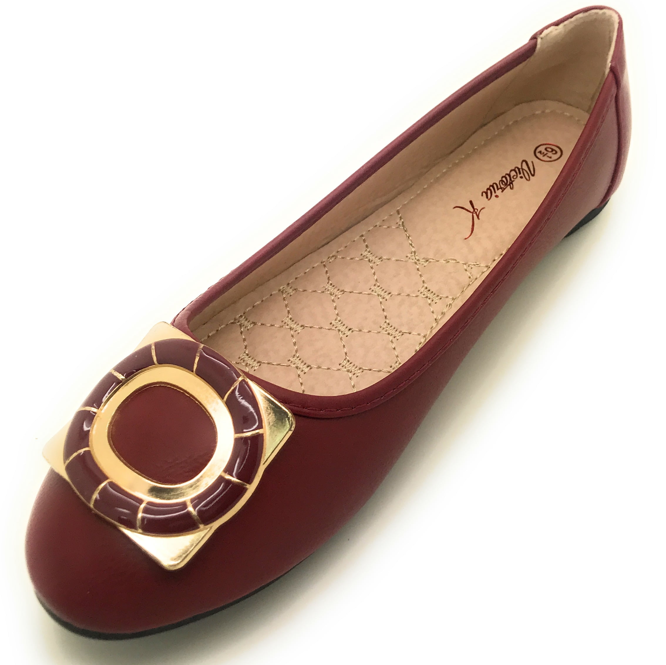 Women’s Ballerina Flats with Gold Buckle Accent – Round Toe Slip-On Dress Shoes – Comfortable Casual Everyday Flats for Work, Office, Travel, or Evening Wear