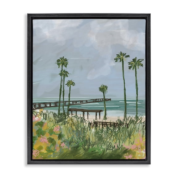 Stupell Industries Palm Trees Dock Scene Landscape Painting Black Floater Framed Canvas Art Print Wall Art, 17 x 21