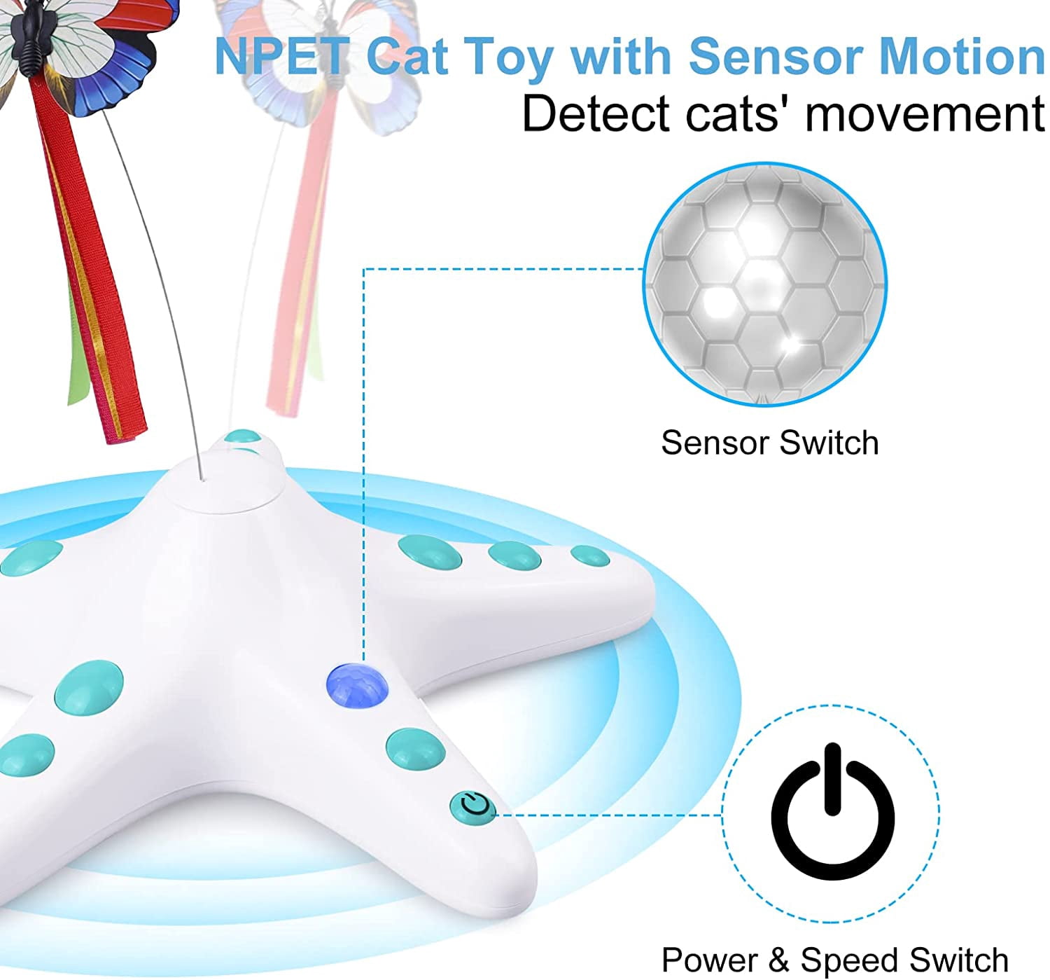 Interactive Cat Toy, 360 Degree Rotating Automatic Toys for Indoor Cats, Electronic Butterfly Cat Toy with Sensor Switch,Blue