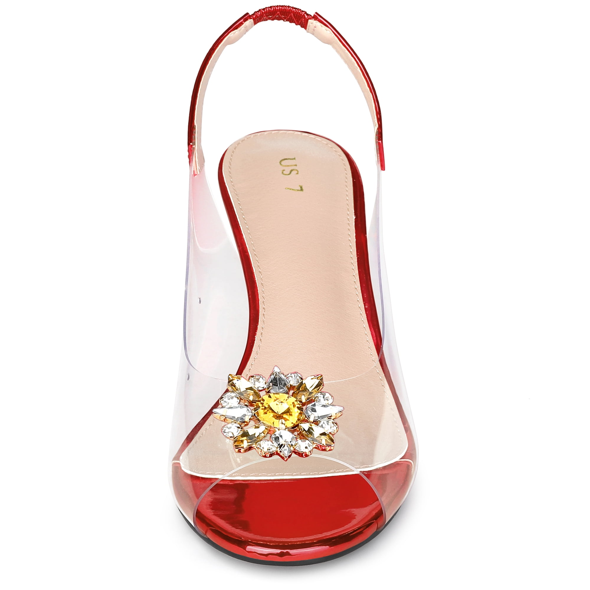 DARING DIVA Women's Clear Slingback Wedges Rhinestone Peep Toe Heels Red 8