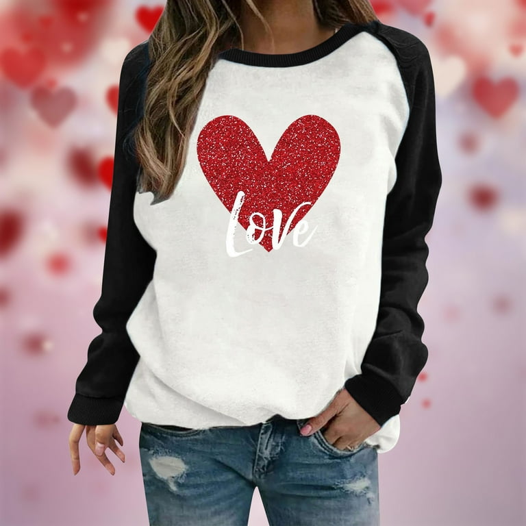 HAPIMO Savings Valentine's Day Shirts for Women Crewneck Pullover Long  Sleeve T-Shirt Valentine Heart Graphic Print Tops Couples Fashion Sweatshirt  Womens Comfy Raglan Blouse Black L 