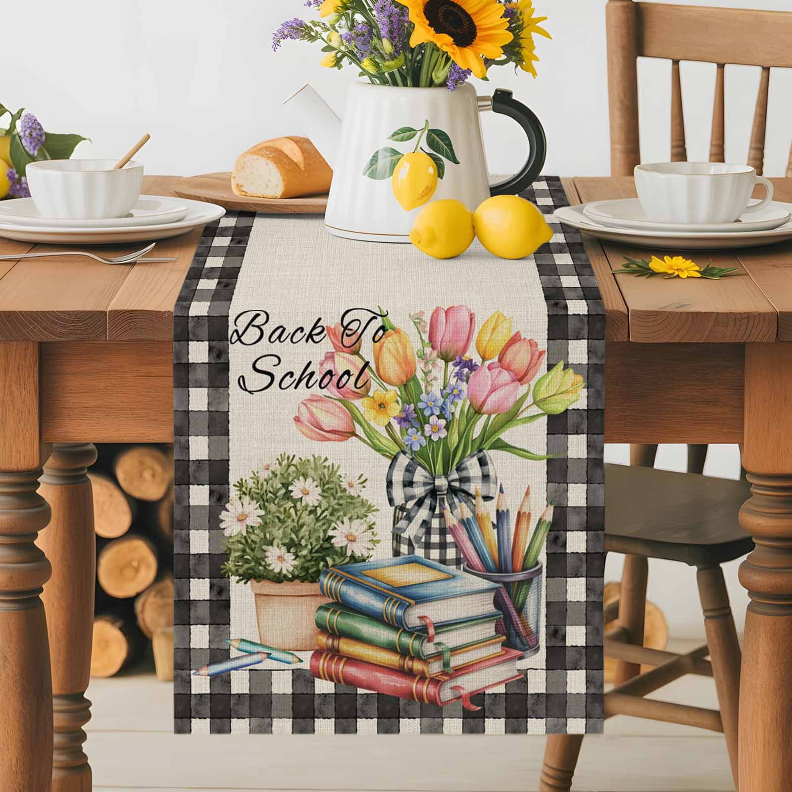 Retro Books Pencils Potted Plants Table Runner 90 Inches Long, Black Plaid on Linen Table Runners Tabletop Scarf Kitchen Dining Tables Decoration for Home Party Indoor Outdoor