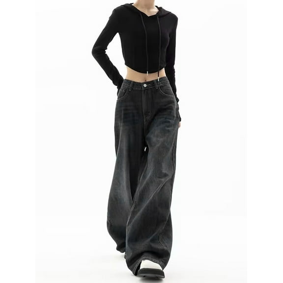 Women Wide Leg Baggy Jeans High Waist Y2K Cargo Pants Casual Loose Boyfriends Trousers Vintage Streetwear Black S