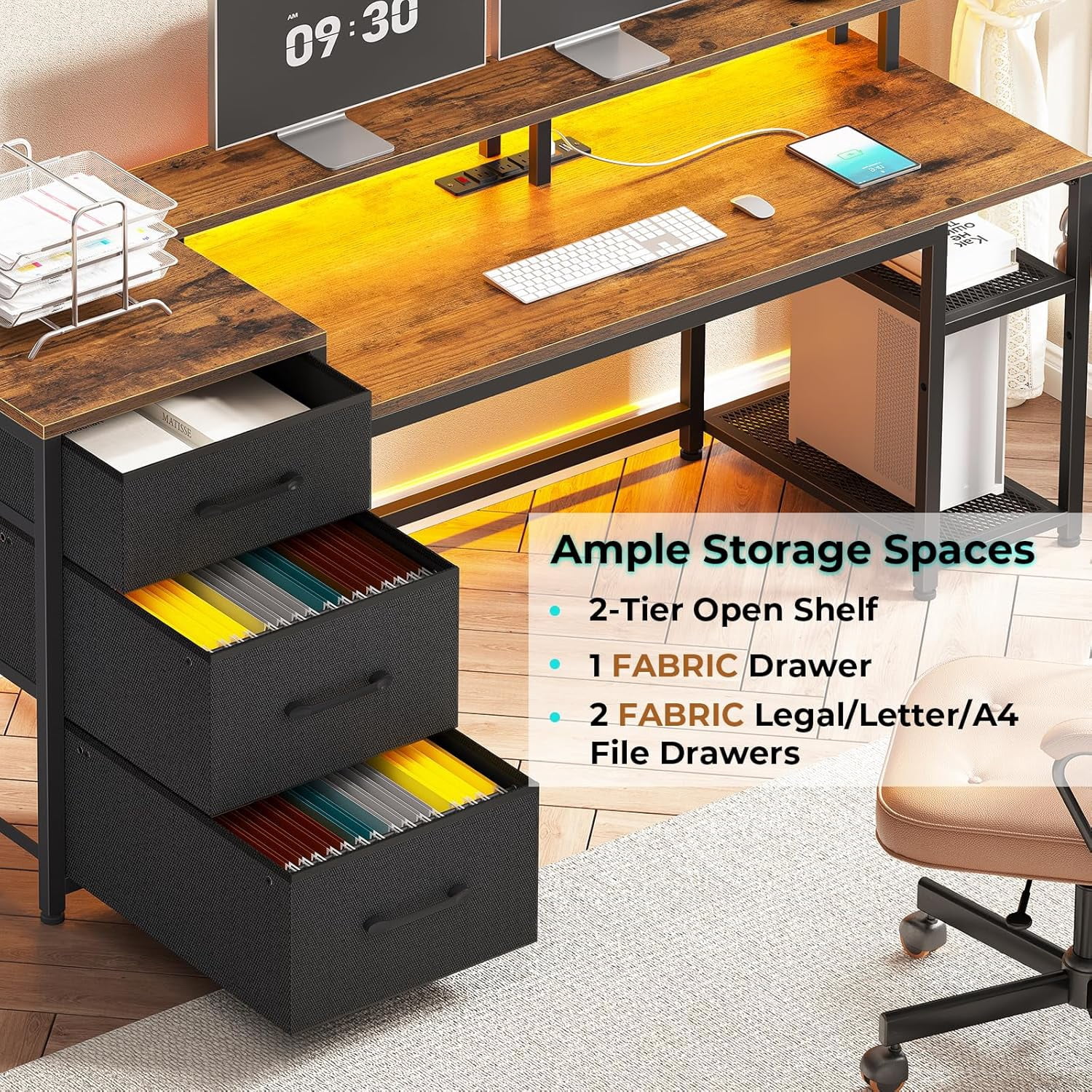59" Office Desk with Drawers, Reversible Computer Desk with File Drawers & Storage, Gaming Desk with LED Lights & Power Outlet, Home Office Desks for Printer, Rustic Brown
