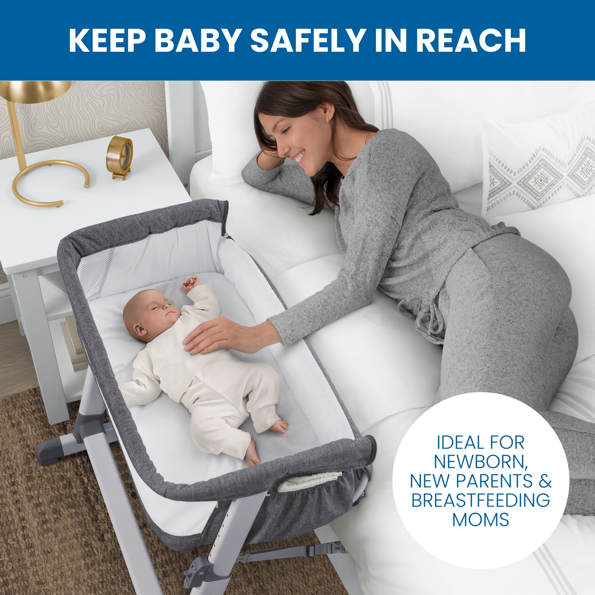 Simmons Kids Dream Bedside Baby Bassinet Sleeper with Breathable Mesh and Adjustable Heights - Lightweight Portable Crib, Grey