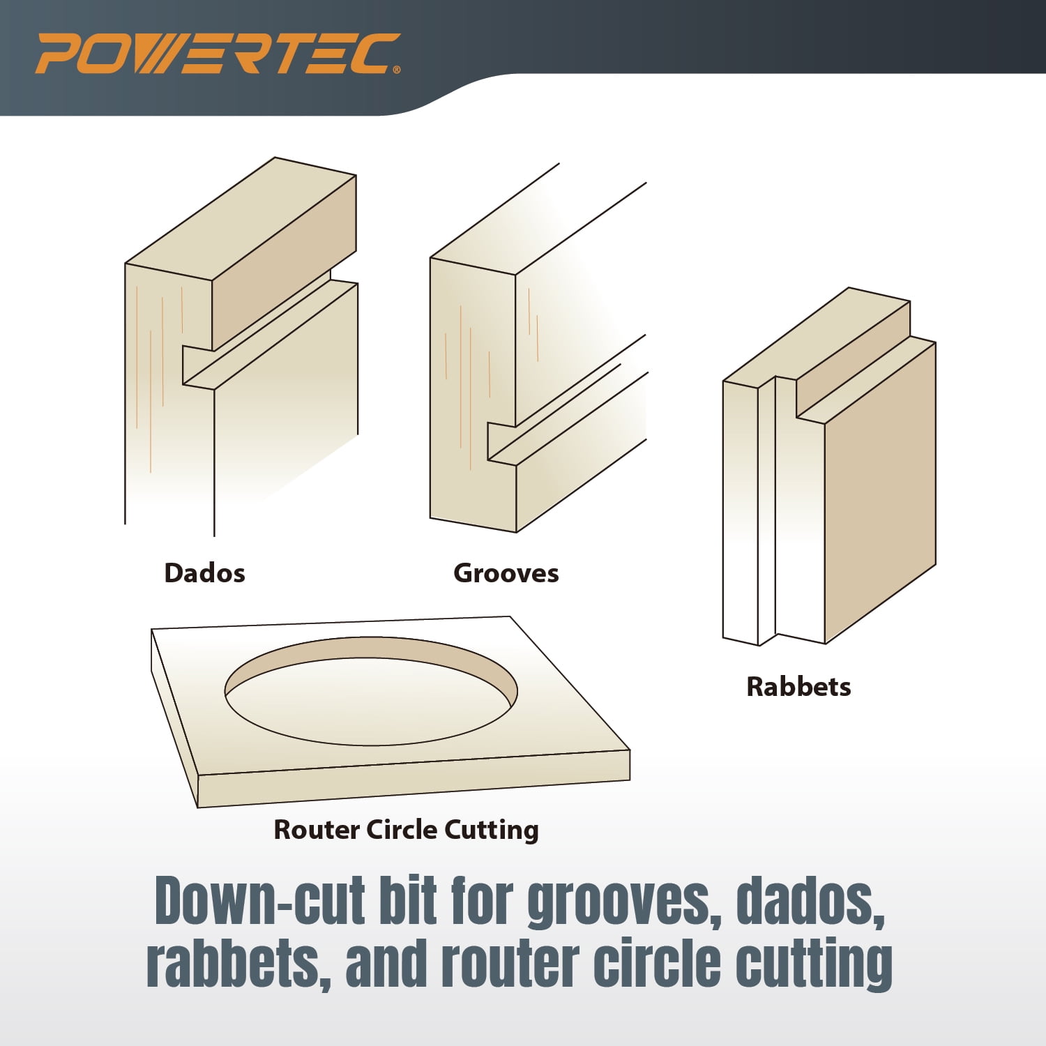 POWERTEC Down Cut Spiral 1/16" Router Bit, 1/4" Shank Tungsten Carbide Router Bit with 1/2" Cutting Length & 2" Long. Fits CNC Router, Handheld Router, Router Table & Plunge Router, 4 PK, 73038-P4