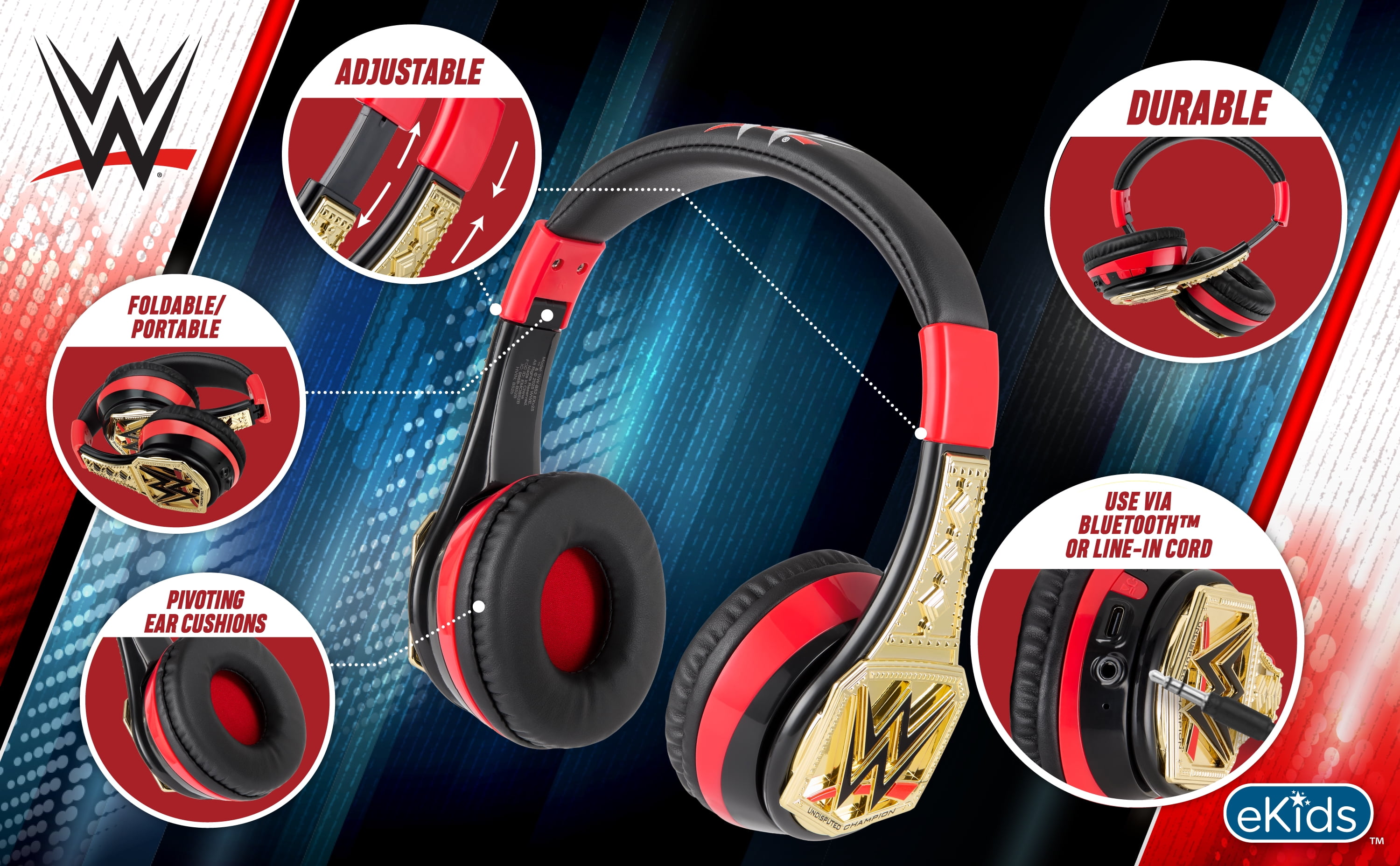 eKids WWE Bluetooth Headphones, Wireless with Microphone Includes Aux Cord