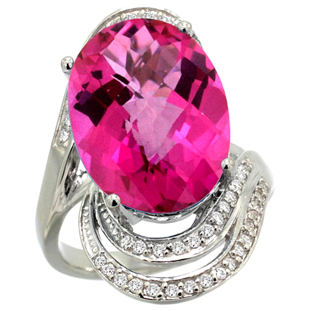 14k White Gold Natural Pink Topaz Ring 16x12 mm Oval Shape Diamond Halo, 1 in , size 5 by Gabriella Gold