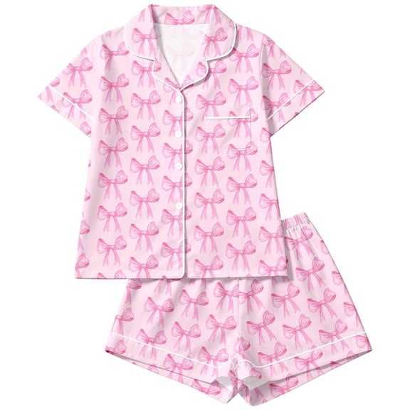 RUTAYY Girls Pajama Set Bow Graphic 2 Piece Button Down Lapel Collar Loungewear Household Evening Rest Pink