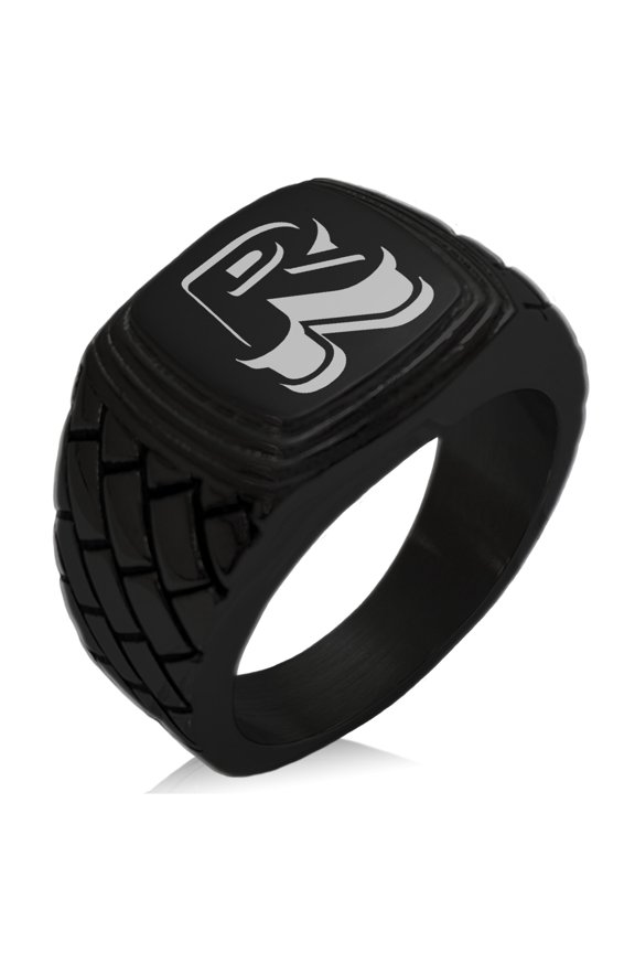 Stainless Steel Letter R Alphabet Initial 3D Monogram Geometric Pattern Step-Down Biker Style Polished Ring