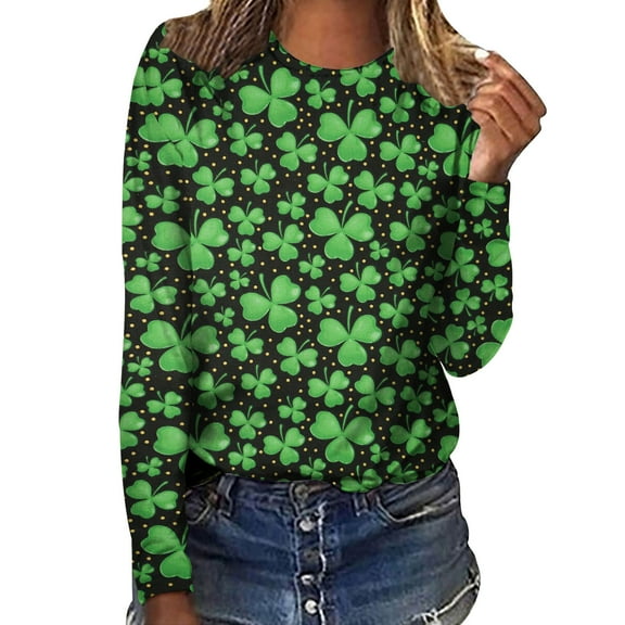 Patlollav Women Long Sleeve T-Shirts Casual St. Patrick Print Crewneck Pullover Tops