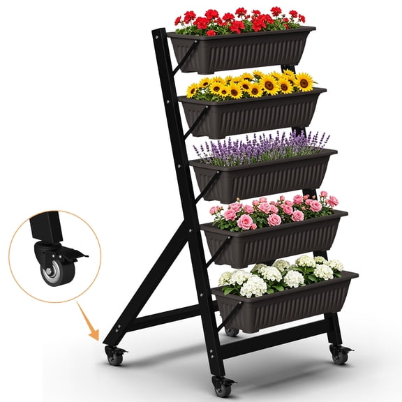 Yacona 5 Tiers Vertical Garden Planter with Wheels, Vertical Raised Garden Bed, Freestanding Garden Planter Box, for Herb Flower Vegetable