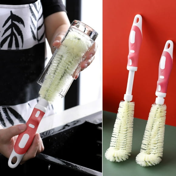 Retractable Water Bottle Cleaning Brush with Curved Bristles, Heavy Duty L-Shaped Scrubber for Narrow Bottles, Portable Kitchen Brush for Glassware Mugs Baby Bottles with Hanging Hook, Pink