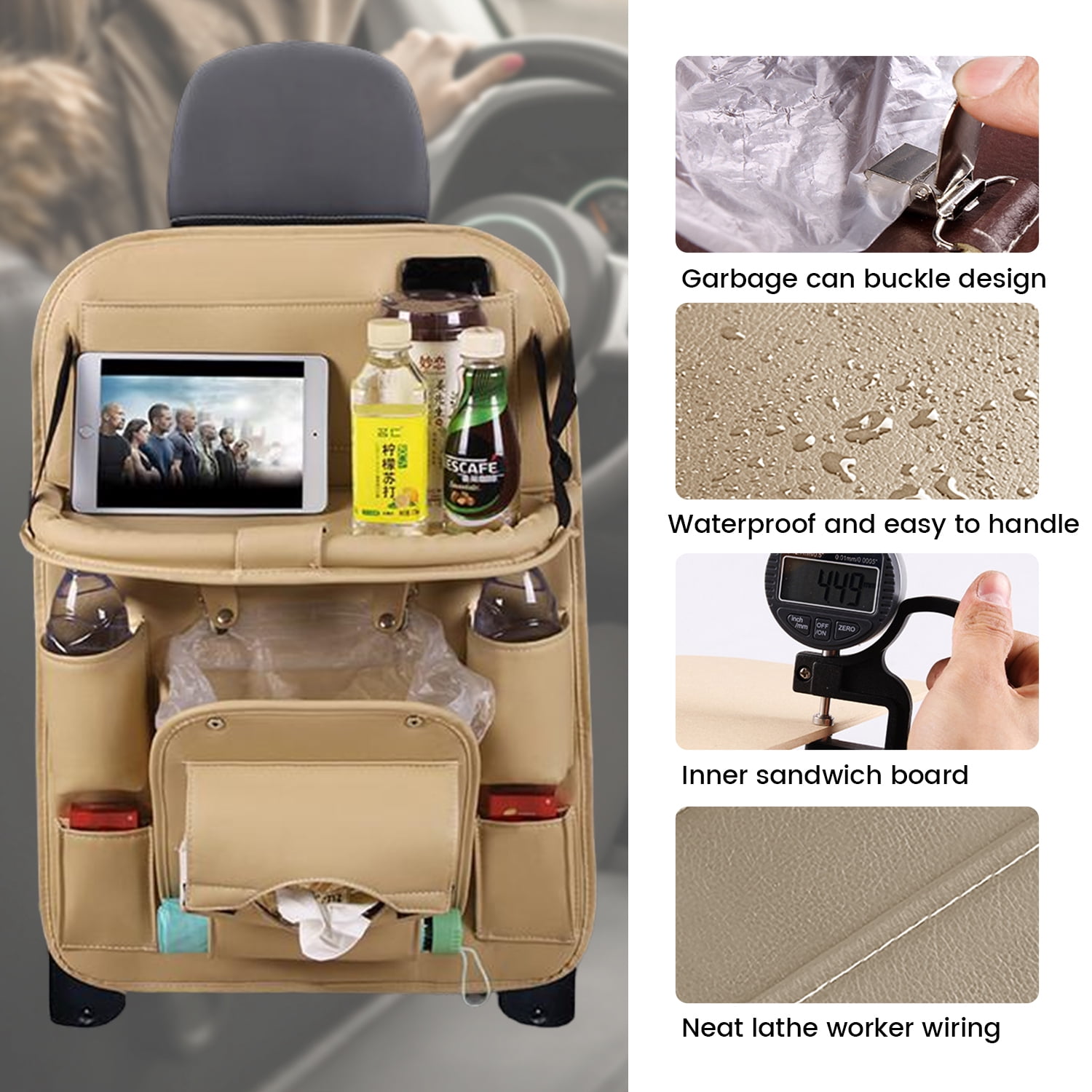 Car Backseat Organiser, 9 Storage Pockets PU Leather Car Storage Organizer with Foldable Table Tray, Car Seat Accessory Storage Pockets Kick Mat for Car (Beige)