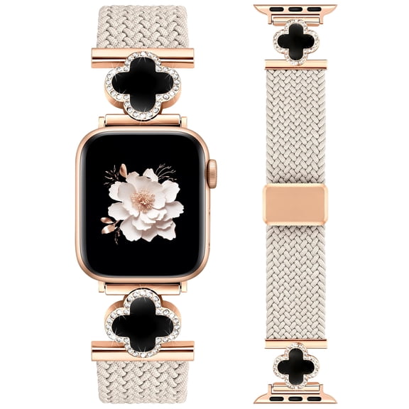 Wearlizer Braided Magnetic Band Compatible with Apple Watch 38/40/41/42/44/45/46/49mm, Stretchy Nylon iWatch Band with Clover Charm, Elastic Woven Strap for iWatch Series 11 10 9 8 7-1 SE Ultra
