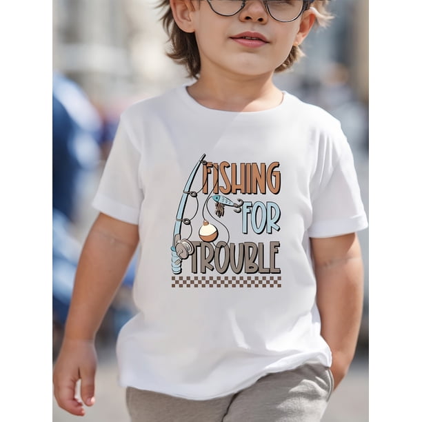 Kids' "Fishing for Trouble" Print Short Sleeve Cotton T-Shirt - Casual Crew Neck, Slight Stretch, Summer Tops for Boys, Knit Fabric, Regular Fit - Sizes for Ages 12 And Under